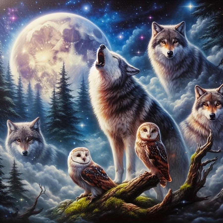 

5d Diamond Painting Kit Theme - Diamond Art () Wolf And Owl