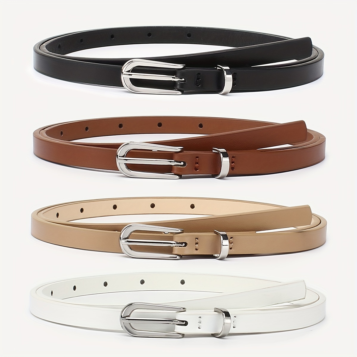 4pcs Women's Pin Slim Belt Classic Leather Solid Color Retro Simple Casual Jeans Belt Suitable For Daily Life