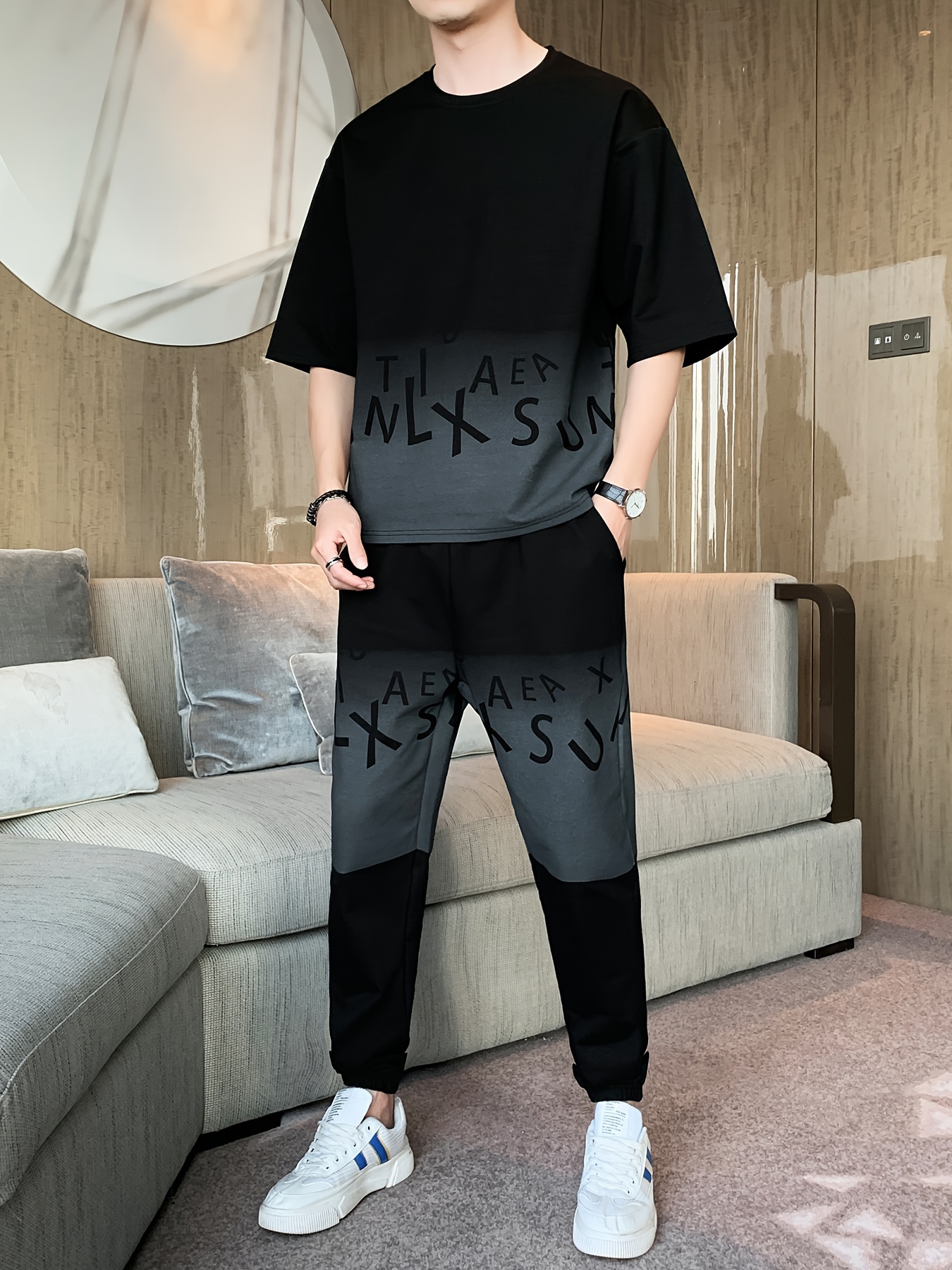 Men's Summer Casual Cotton Blend Outfit Set - Gradient Color Short Sleeve T-Shirt & Stylish Drawstring Shorts, Machine Washable
