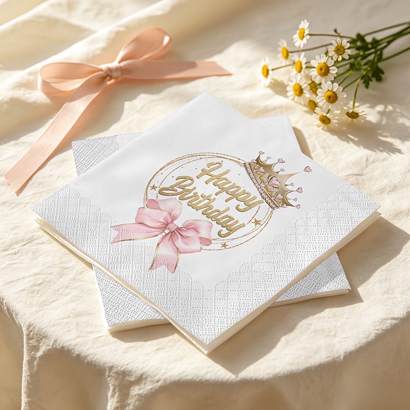 TEMU Product: 20pcs Napkins, Happy Birthday Pink Bow Double-layer Napkins, Embossed Edges, Soft And Comfortable, For Parties, Weddings, Home Dining