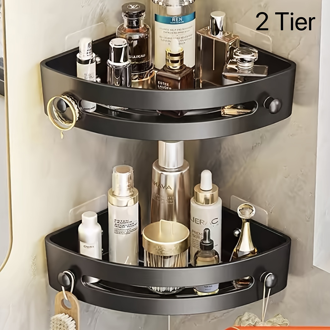 TEMU 2 Tier Bathroom Corner Shelf: Easy No-drilling Wall-mounted Storage Rack With Triangular Design - Perfect For Shower, Toilet, Washroom Organization - Durable Plastic Construction