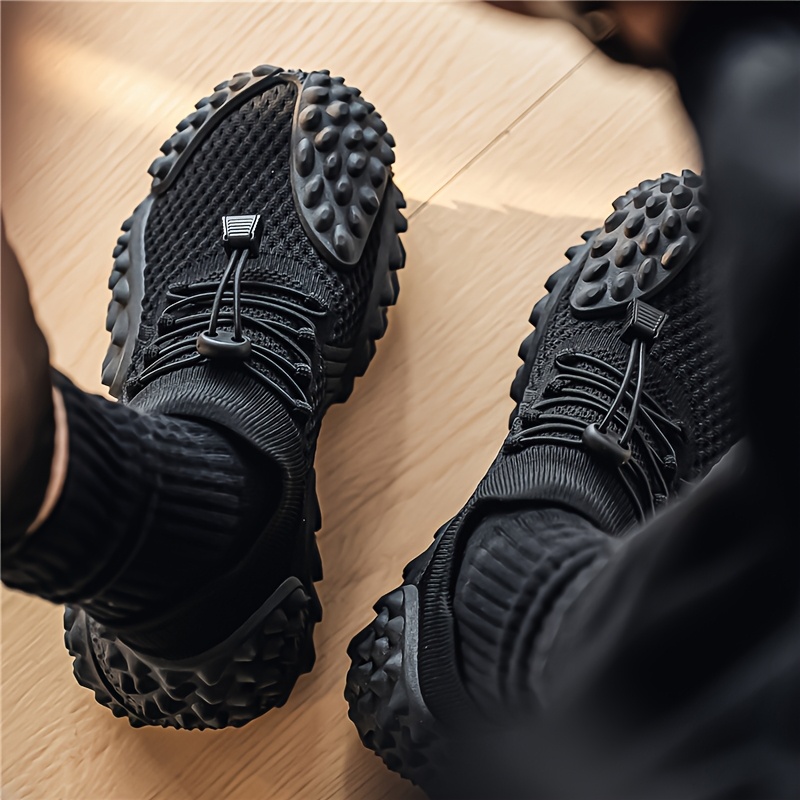 Sand-colored Knitted Mesh Outdoor Shoes with Particle Detailing, Low-Top Thick-Soled Dad Sneakers, Slip-On with Drawstring, Casual Breathable Athletic Running Shoes, Plus Size Men's Shoes