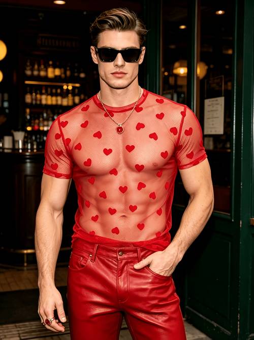 2026 zomer heren hart statische flocking mesh ronde hals t-shirt, coole esthetische nachtclub party valentijnsdag veelzijdige top