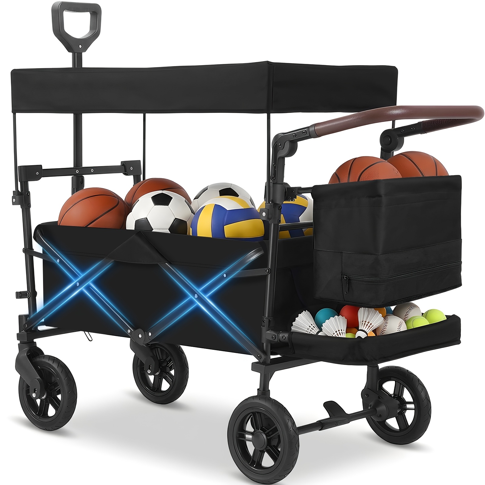 Foldable Wagon With Canopy, 100kg Load Capacity, Foldable Utility Cart With Push Handle, Shockproof Pu Wheels With Brakes, 110l Capacity, 300d Oxford Nylon Fabric, Suitable For Camping, Sport
