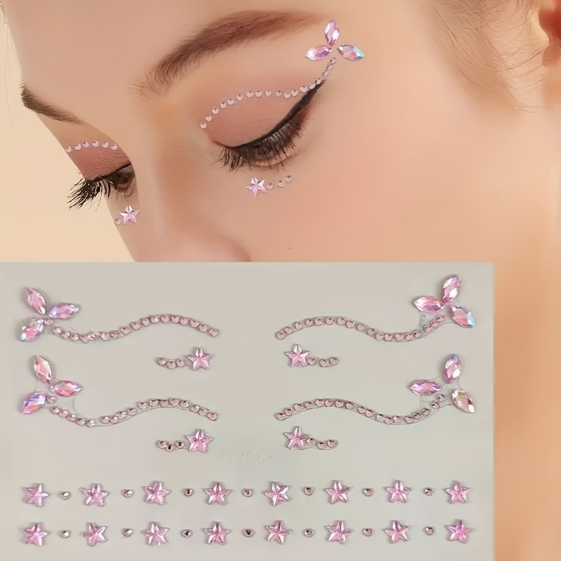 A Pink Artificial Gemstone Sticker In Of Stars And Flowers For Festival Y2k Makeup Gift For Face Makeup Decoration