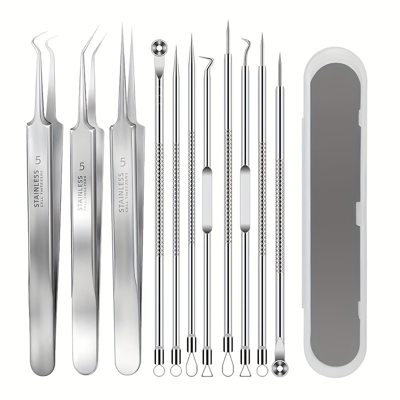 

11pcs/set, Comedone Pimple Extractor, Blackhead Remover, Acne Whitehead Blemish Removal Kit, Professional Stainless Steel Clean Tool, For Face Nose Chin Cheek Forehead