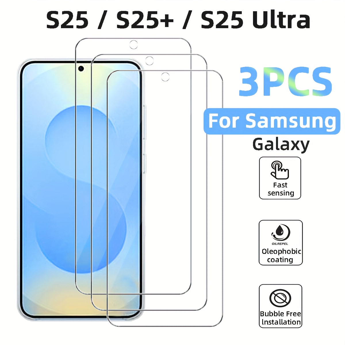 Pack of 3 High-Definition Fully Transparent Tempered Glass Screen Protectors, Compatible with Samsung Galaxy S25 / S25+ / S25 Ultra, Supports Ultrasonic Fingerprint Unlocking, Features an Oil-Repellent Coating, Scratch And Shatter Resistant, Smooth Surface, Designed to Be Compatible with Cases, Easy to Install.