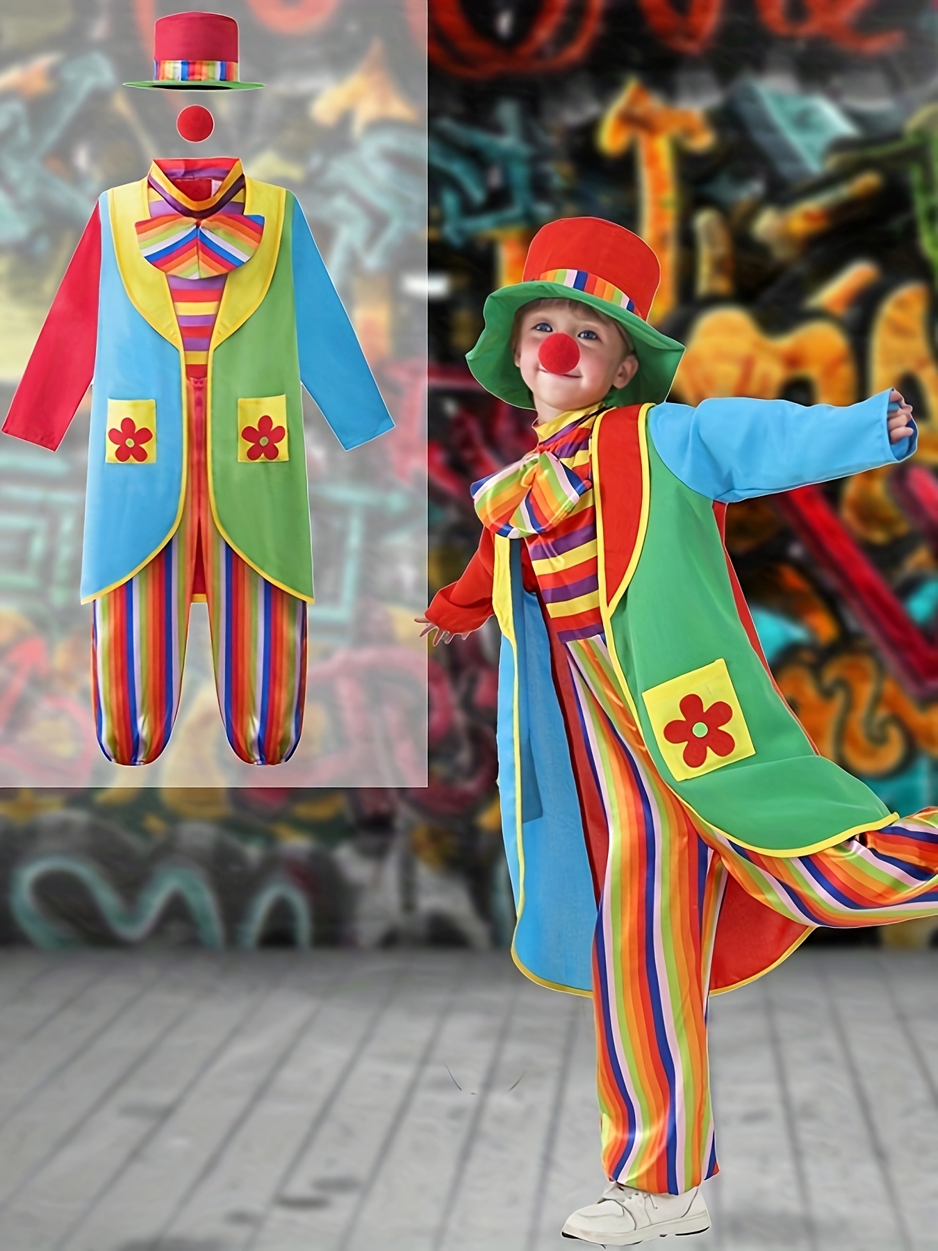 Tenue de clown arc-en-ciel pour les jeunes - Combinaison à rayures colorées avec nez rouge et patch vert, overols bleus, 2 poches, tissu non extensible, parfait pour les fêtes et les spectacles, design ludique | Ludique | Tissu durable