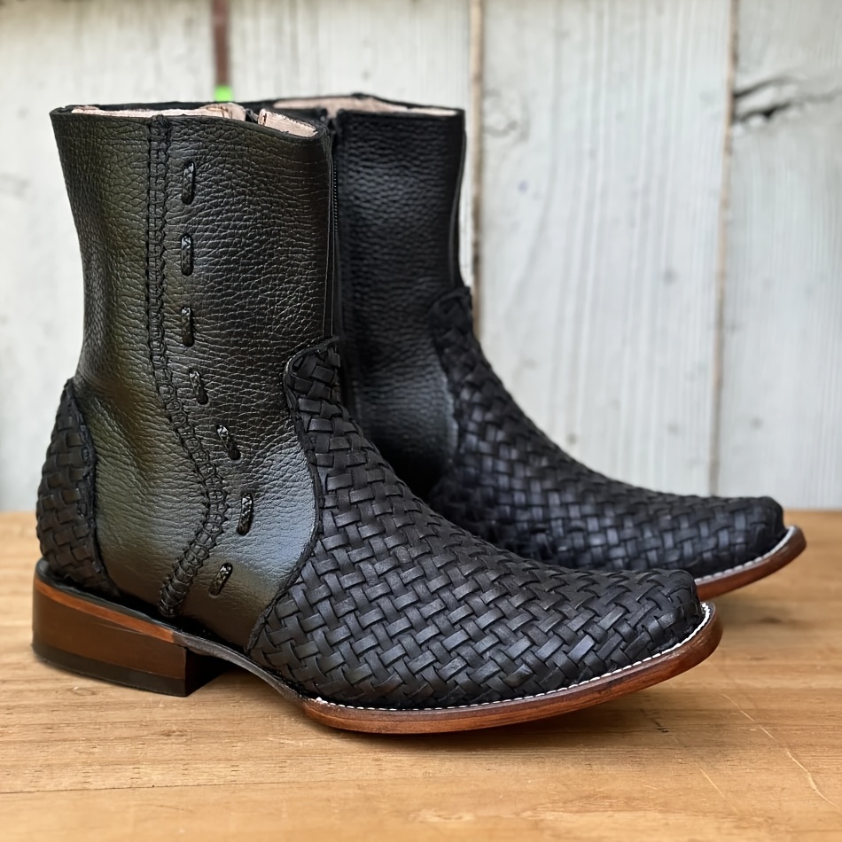 Image of Men's Handmade Western Cowboy Boots - Chunky Heel Retro Ankle Boots With Zipper Closure, Square Toe & Sole Suitable For Riding, Ranch, Casual Wear, - Round-the-clock Boots
