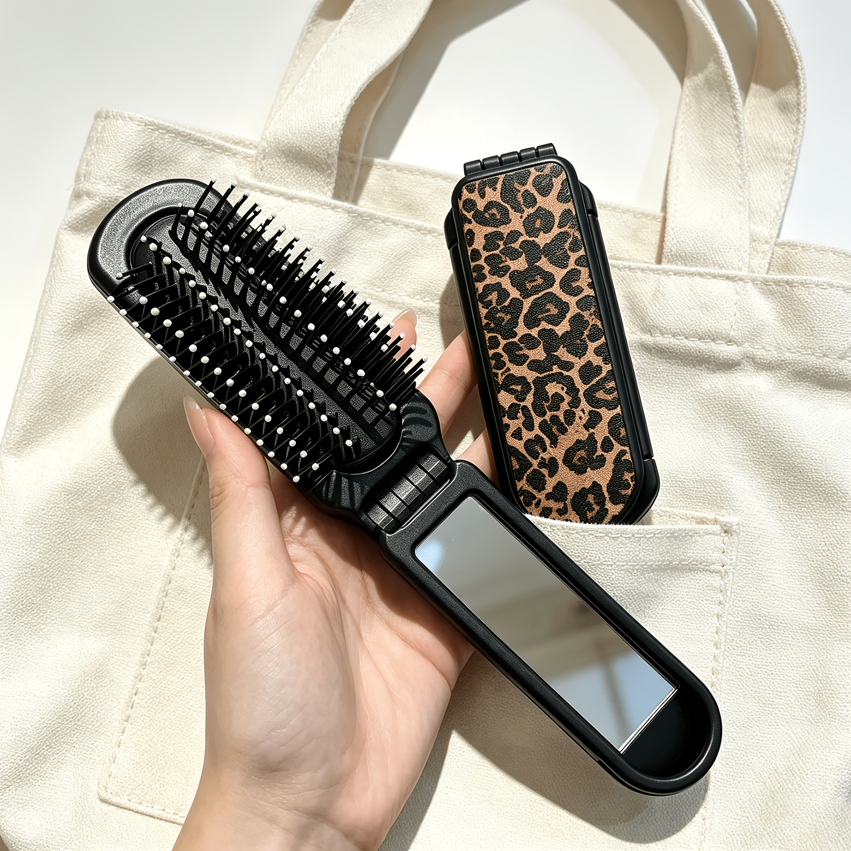 TEMU Leopard Print Folding Hairbrush With Mirror & Massage Comb - Portable Pocket Comb Suitable For Travel, Air Cushion Technology For Normal Hair