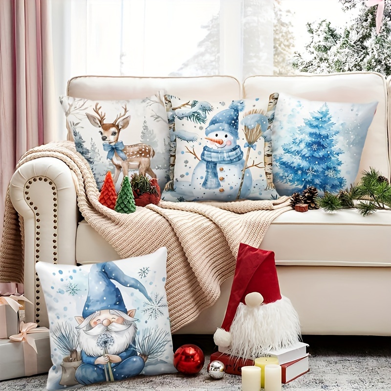 

4pcs Christmas Throw Pillow Covers Set - Snowman & , Blue, Soft Polyester, Zip Closure, Machine Washable - Living Room, Bedroom, Sofa Decor (pillow Inserts Not Included)