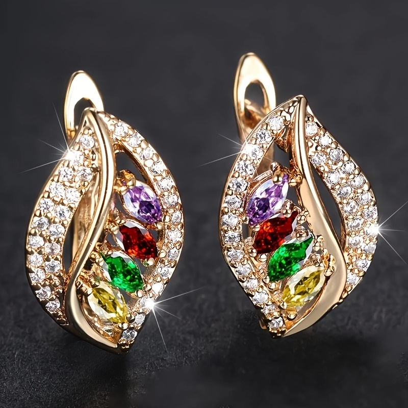 Image of A Pair Of Exquisite And Classic Inlaid Colored Synthetic Synthetic Zirconia Leaf-shaped Openwork Hoop Earrings, Wedding Jewelry