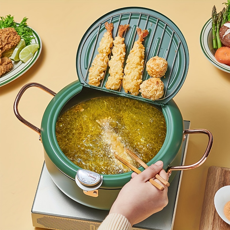 

Japanese Deep Fryer Pot With Thermometer Nonstick Carbon Steel Oil Fryer, Fried /chicken/fish/shrimp, Easy Clean, Green Pan