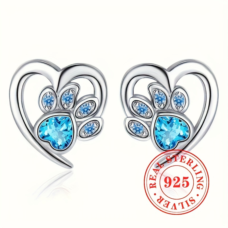 

Sterling Silver 925 Engrave Heart-shaped Animal Paw Inlay Print Stud Earrings With Sea Blue Synthetic Gemstones, Cute And Simple Daily Wear Accessory For Women