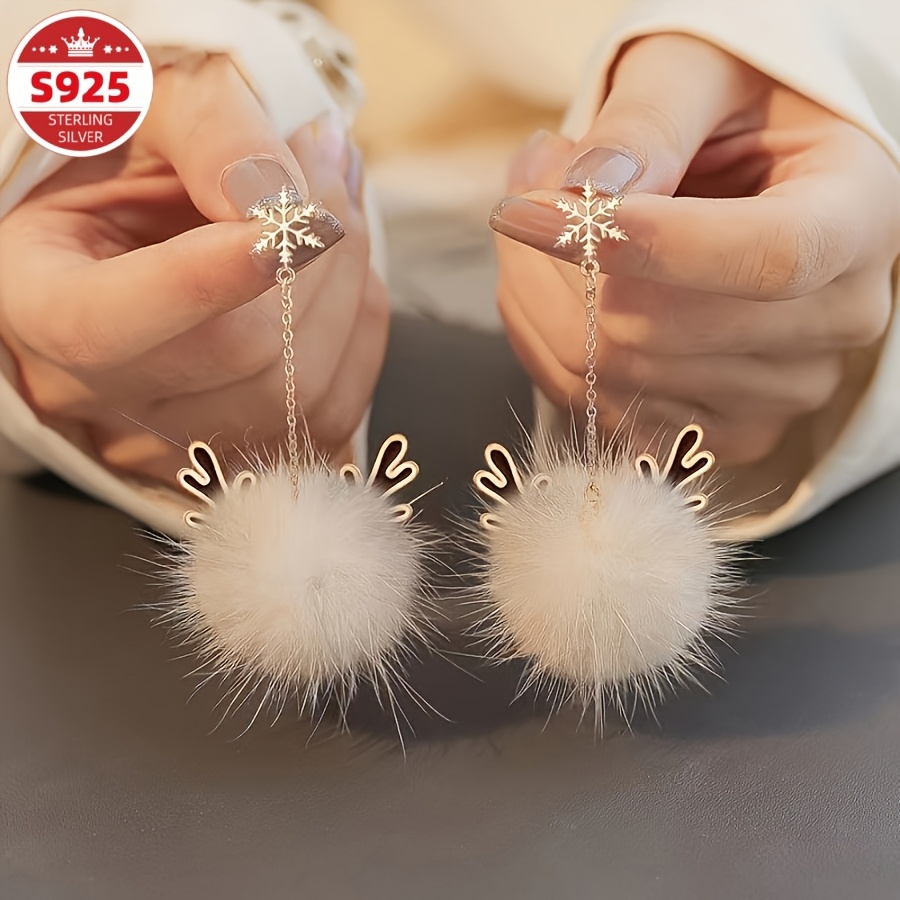 TEMU S925 Sterling Silvery Women's Fashionable Hanging Earrings, Plated With 24k Golden, Artificial Snowflake Shape, Suitable For Holiday And Leisure