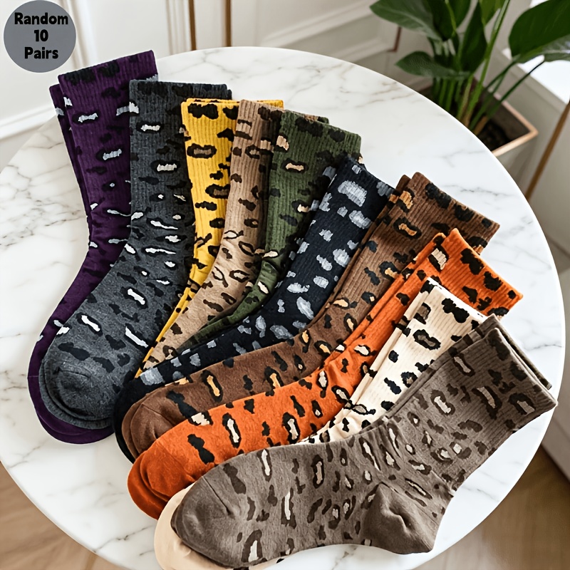 TEMU 10-pair Random Vintage Leopard Print Fashion Trend Socks, Soft And Comfortable Mid-calf Socks, And For Daily Versatile Wear
