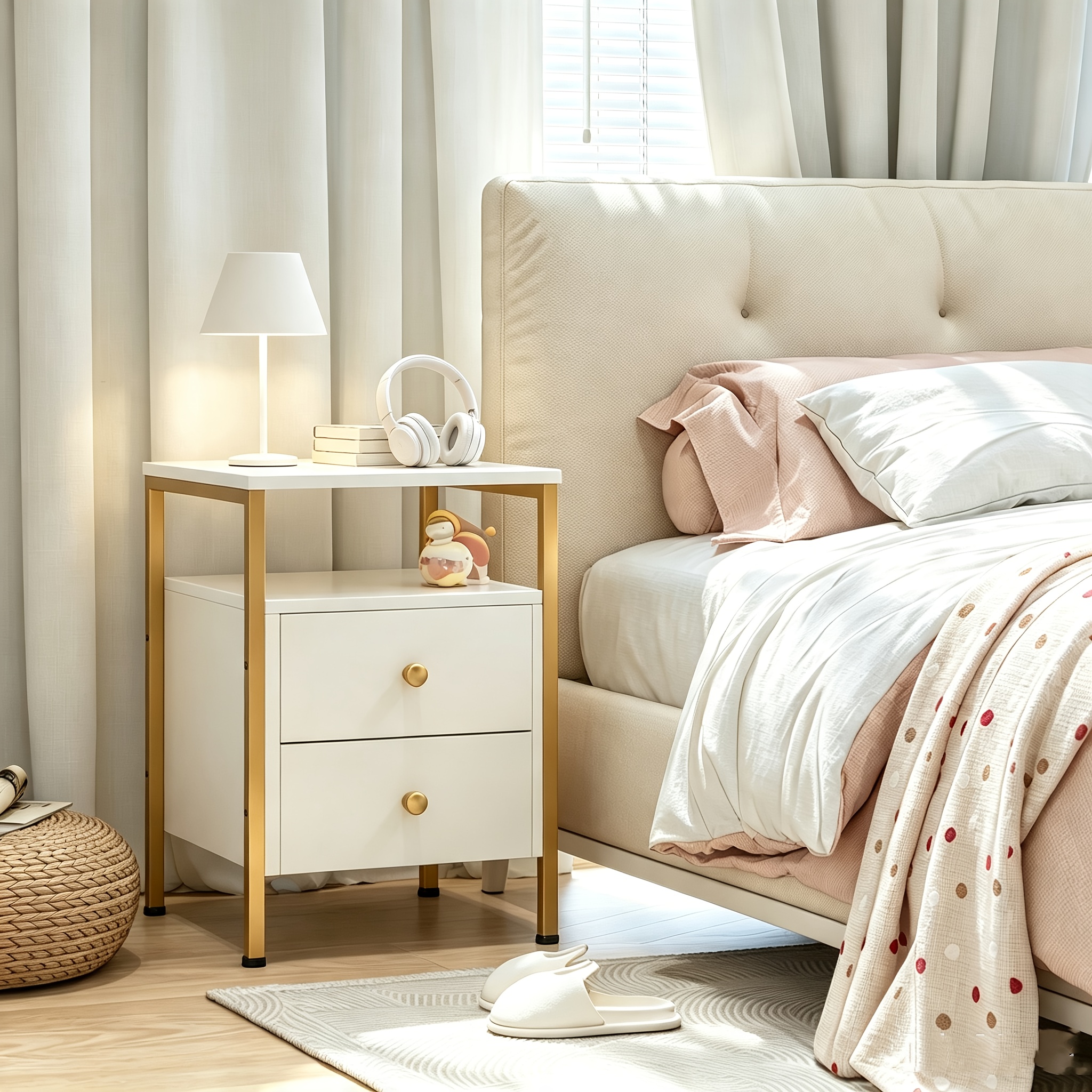 Bedside Table, Dressing Table With 2 Drawers And 1 Open Compartment, , Metal Legs, Suitable For Bedrooms, Apartments And Living Rooms, 40 X 40 X 61cm.