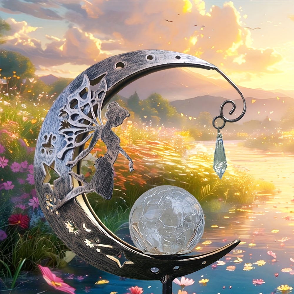 

1pc Fairy Solar Moon Stake Light - Angel & Design With Crackle Glass ,, Outdoor Garden & Lawn Decor, 600mah Ni-mh Battery, Remote-free, Patio, Pathway & Landscape