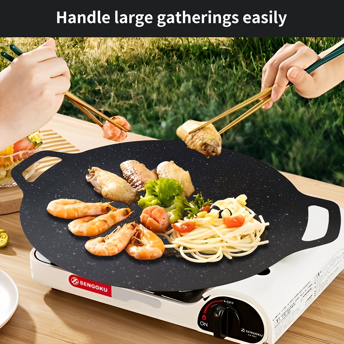 11 8 non stick cast iron bbq pan with dual handles   outdoor camping home use easy clean details 4