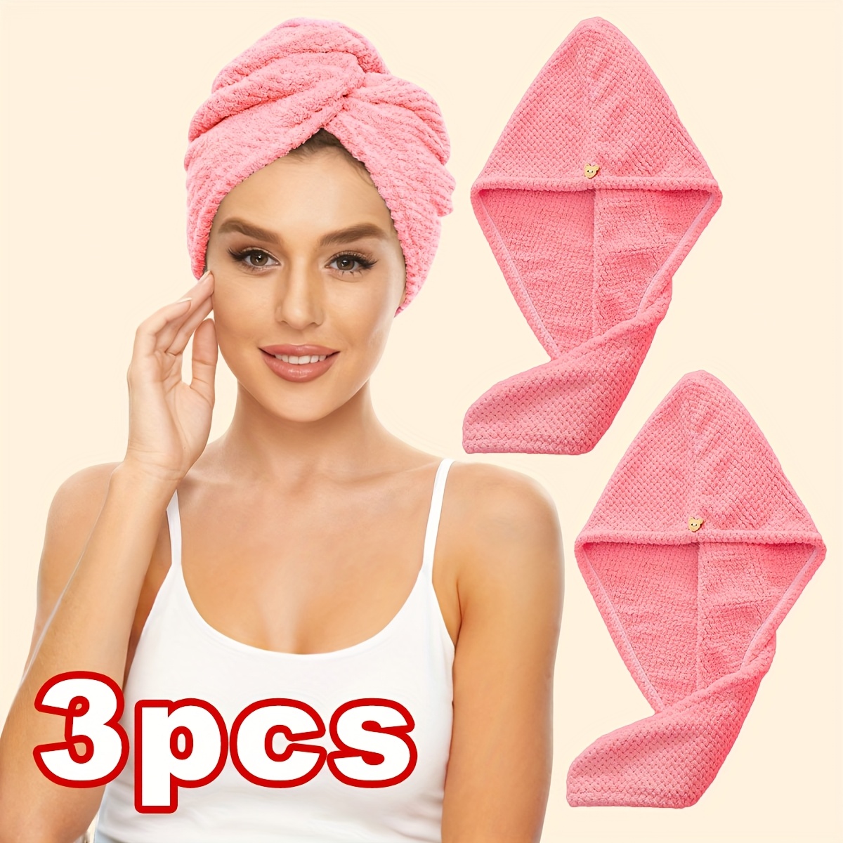 TEMU 3 pièces Serviette Microfibre pour Cheveux, Bonnet Séchage , Serviette Unie Simple pour Salle de Bain, Serviette Enveloppante Super Absorbante