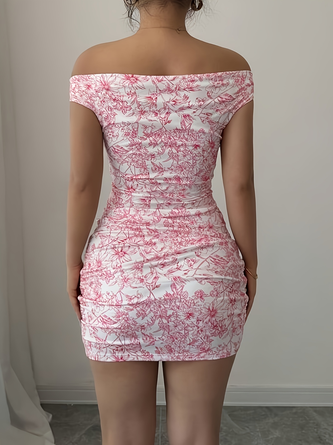 Women'S Elegant Floral Off-Shoulder Single Breasted Ruched Bodycon Dress for Dating Parties Beach Vacations