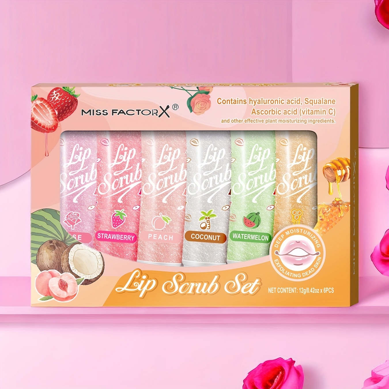 TEMU 6pcs/set Miss Lip Exfoliators, Plant-based, Gentle, Suitable For All Light Beige Types, Hydrating And Brightening Lip Care With Plant Squalane