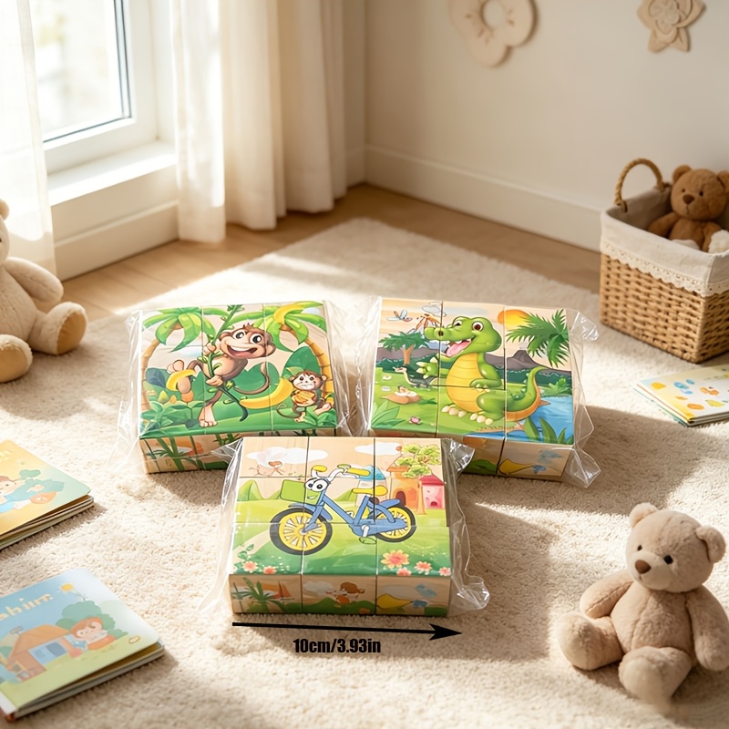 9pcs 1 Set 6 Sides Picture Wooden Block Puzzle, Gift