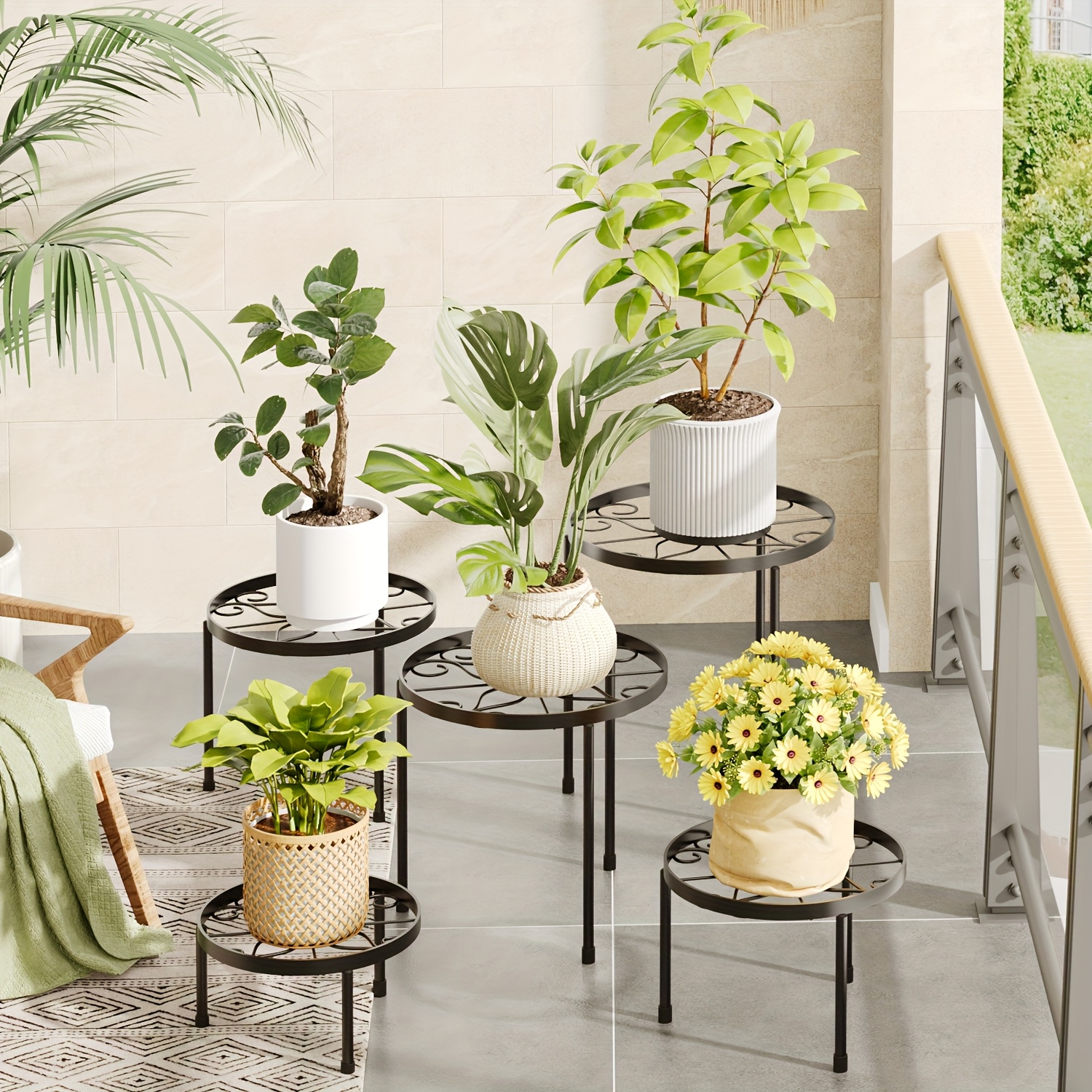 TEMU 5pcs Set Black Metal Plant Stand With Heavy-duty Design And Thickened Rust-proof Baking Paint . Suitable For Flower Pot Accessories, Ideal For ,