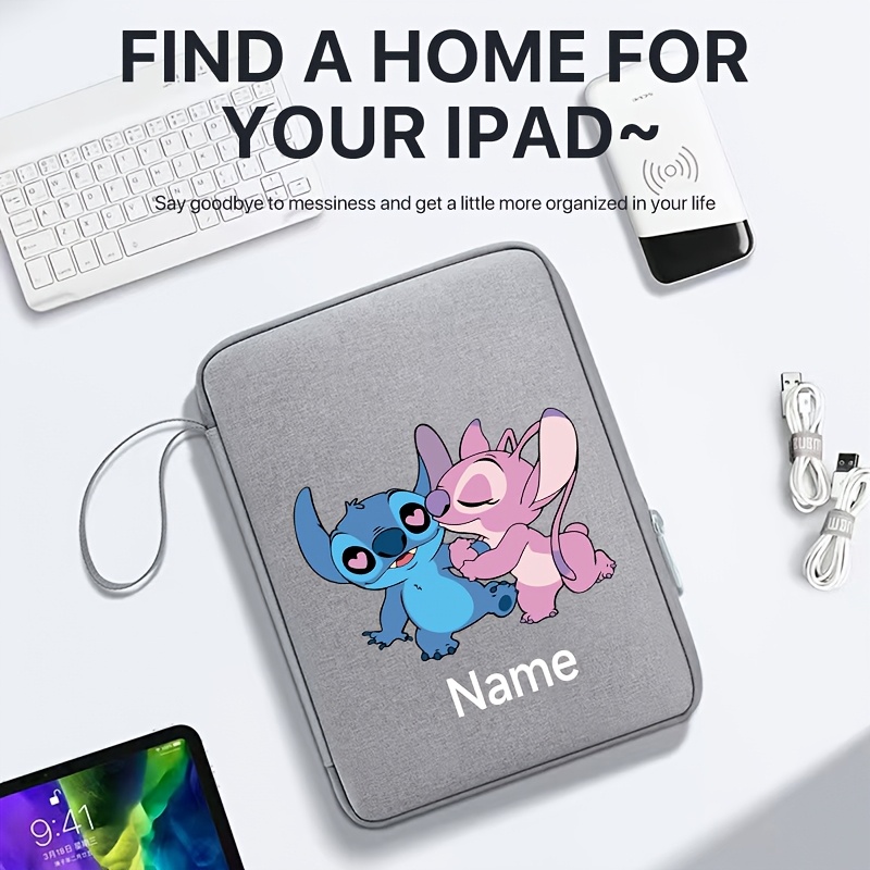 

[student Accessory] Customizable Stitch & Friends Tablet Bag - Fits 10" & 12" Ipads, Personalized Name Option, Lightweight Canvas, Ideal For Students & Office , Gray With Pink & Blue Characters