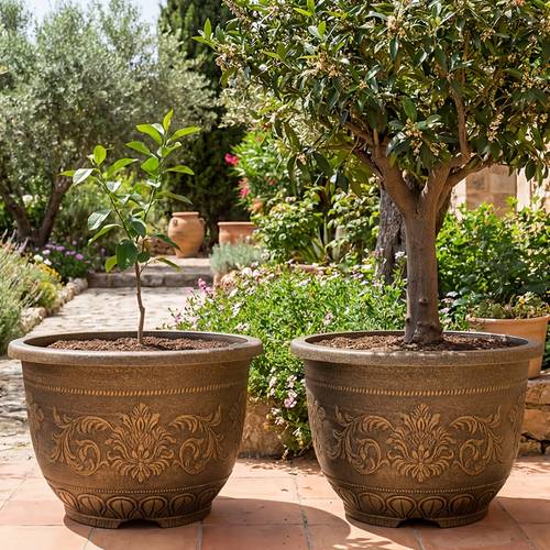 2pcs large 28 inch vintage floral planters elegant floral pots heavy duty resin construction indoor outdoor floor decor for home office events halloween christmas decoration centerpieces drillable no drainage hole needed ideal for trees shrubs flowers event decoration decorative pots event planners