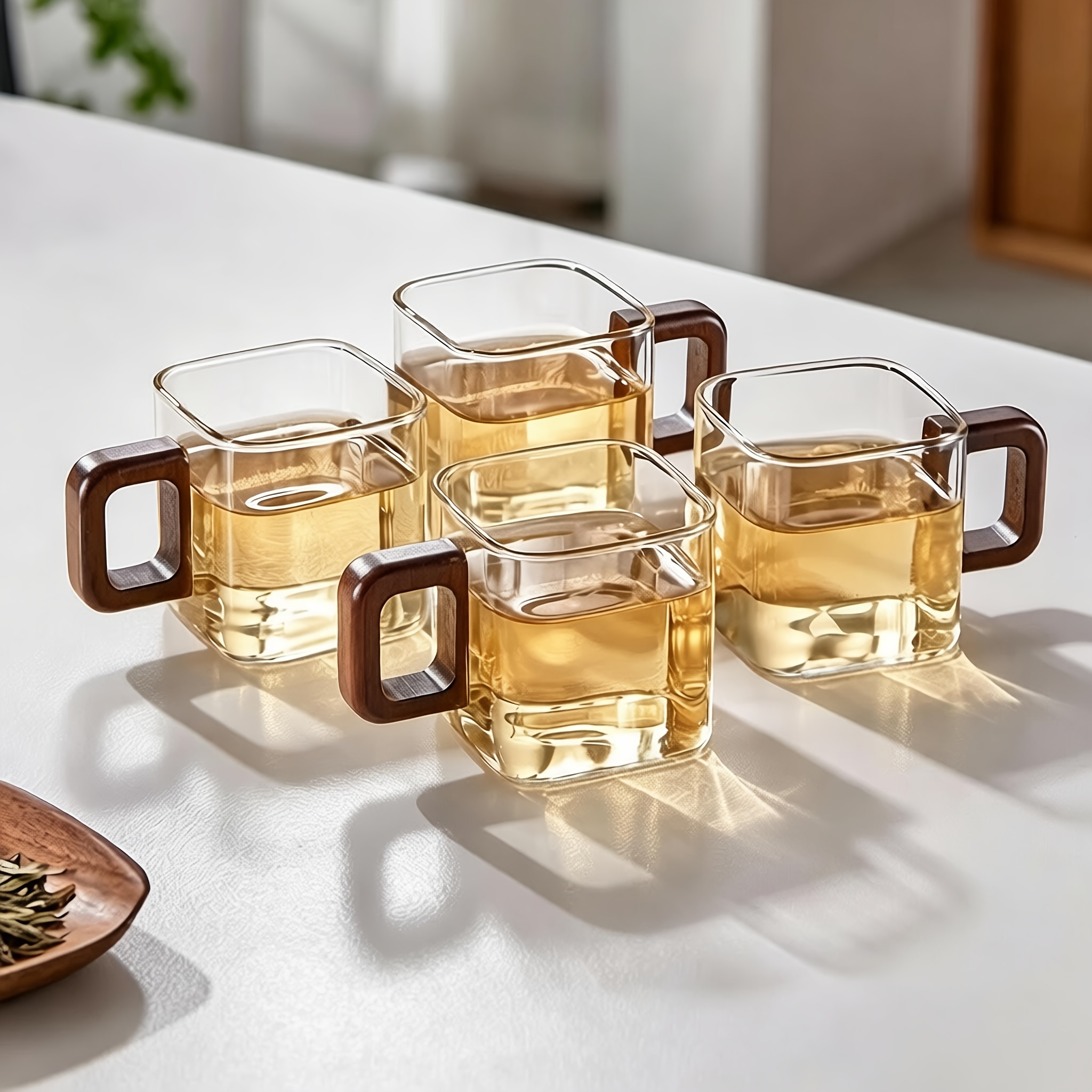 TEMU 4pcs Set Of Square Borosilicate Glass Cups, Mini Tea Cups With Handles; Heat-resistant Transparent Water Cup; Anti-scalding Wooden Handle