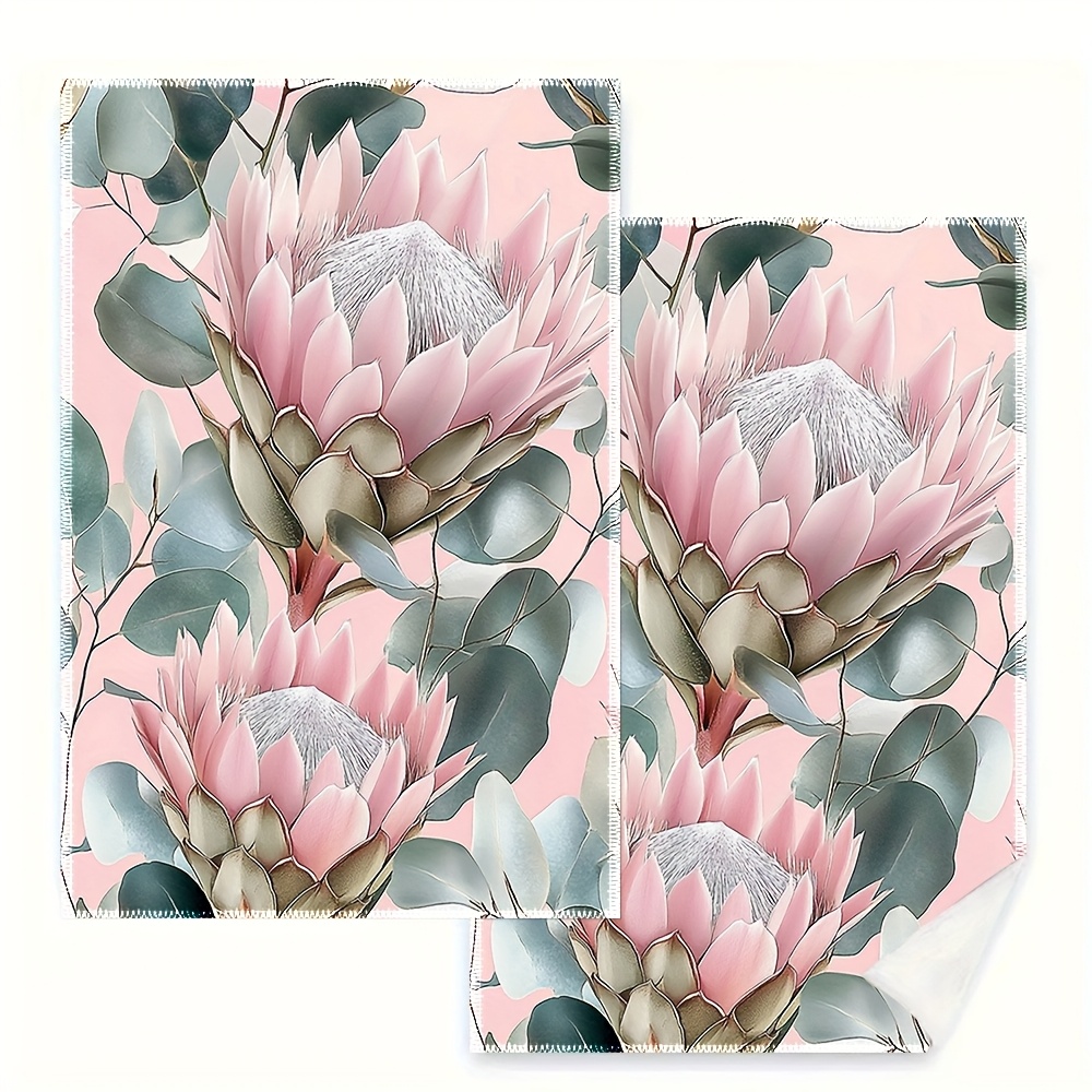 TEMU 2pcs, Kitchen Towels, Dishcloths, 16x24 Inch, Pink Flowers And Eucalyptus Leaves, Seamless, Kitchen Towels, Dishcloths, Very Suitable For ,