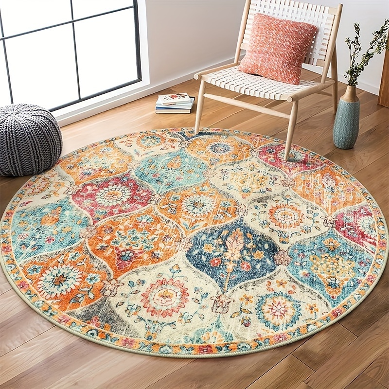 

Round Vintage Persian Floral Area Rug - Machine Washable Polyester Carpet For Bedroom, Indoor, Picnic Use - 31.50 To 55.11 Inches