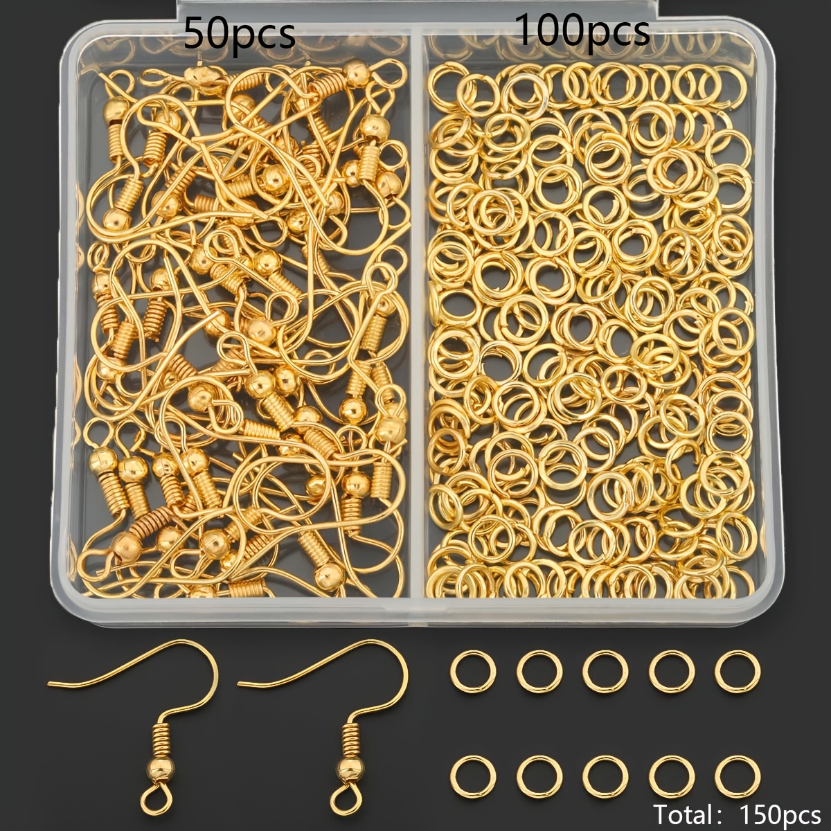 TEMU 150 stuks/doos Gouden Oor Sieraden Verrijking Set Inclusief 50 stuks Vishaakjes en 100 stuks Jump Rings, Geschikt voor Handwerk Weven Sieraden