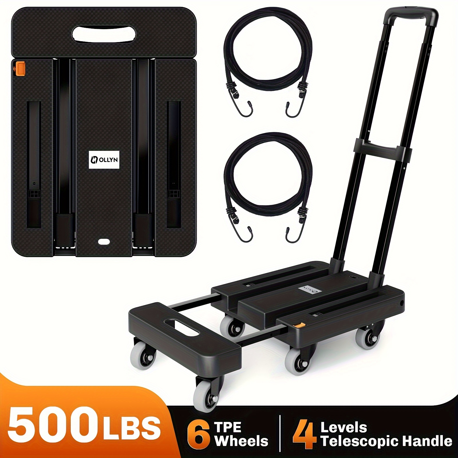 

Folding Hand Truck, 500 Lb Heavy Duty Luggage Cart, Utility Platform Cart With 6 Wheels & 2 Ropes For Luggage, Travel, Moving, Shopping, Office Use, Black