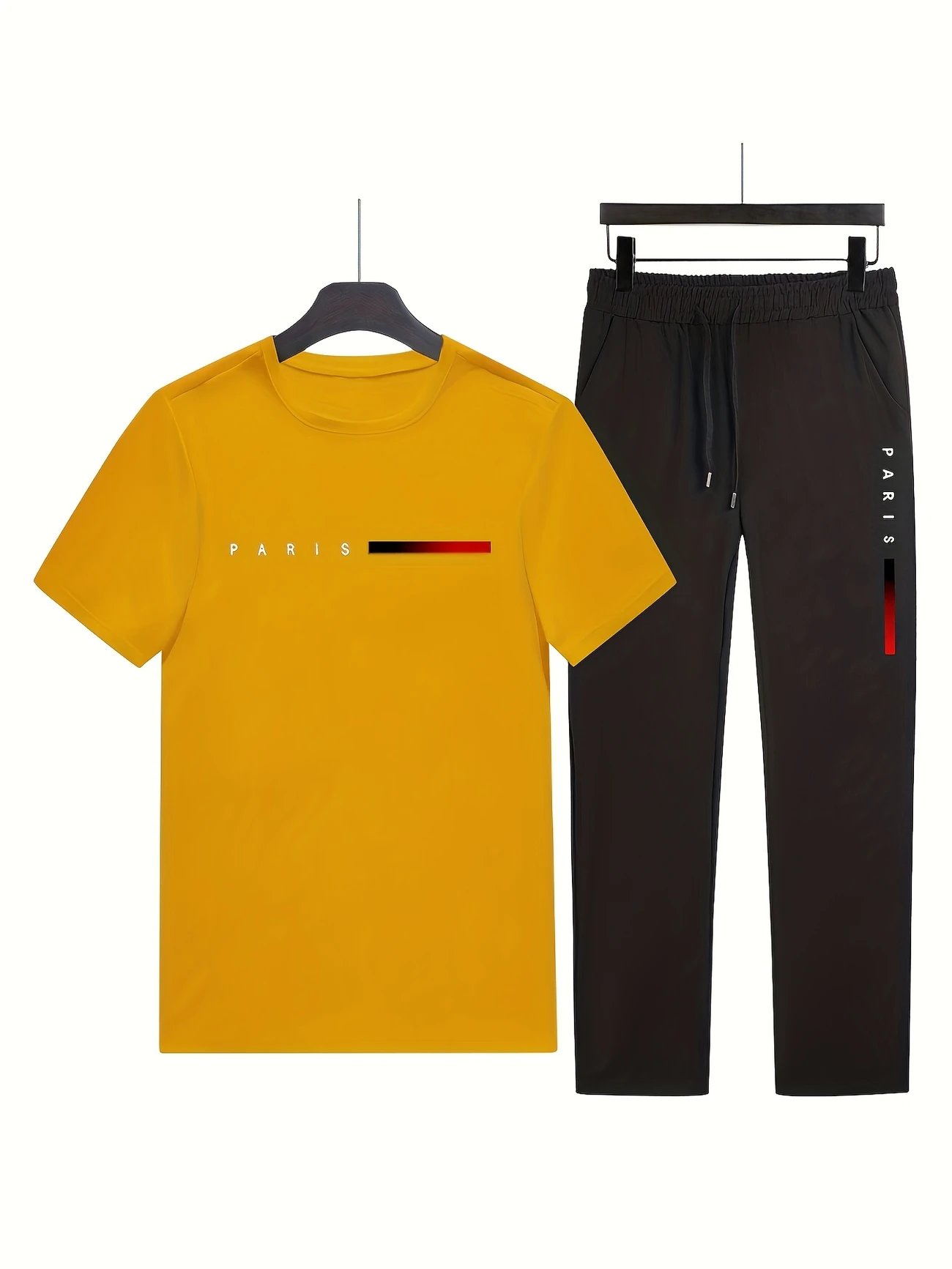mens casual sports two piece set short sleeve top straight leg pants with paris print fashionable and trendy ideal for summer parties casual and everyday wear short sleeve top print trousers details 2