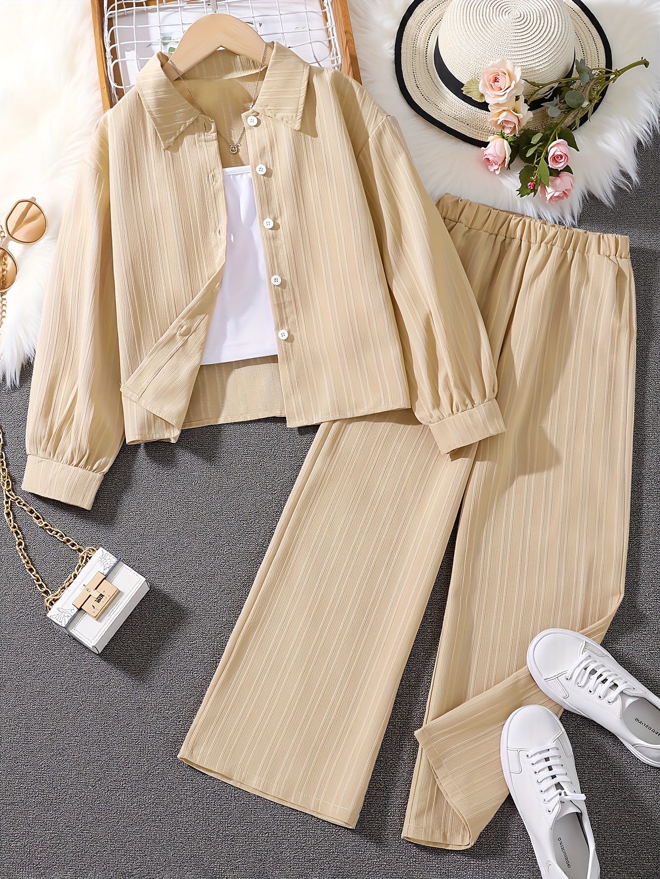 girls spring autumn solid color button shirt wide leg pants Temu