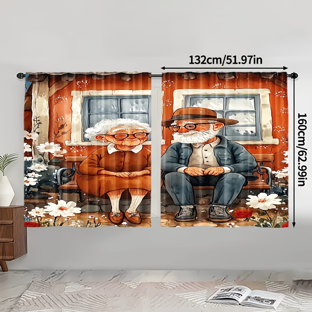 TEMU 2pcs Thermal Insulating Blackout Curtains - Room Darkening Window Drapes With Elderly Couple Floral Bench Scene - Valentine's Gift For