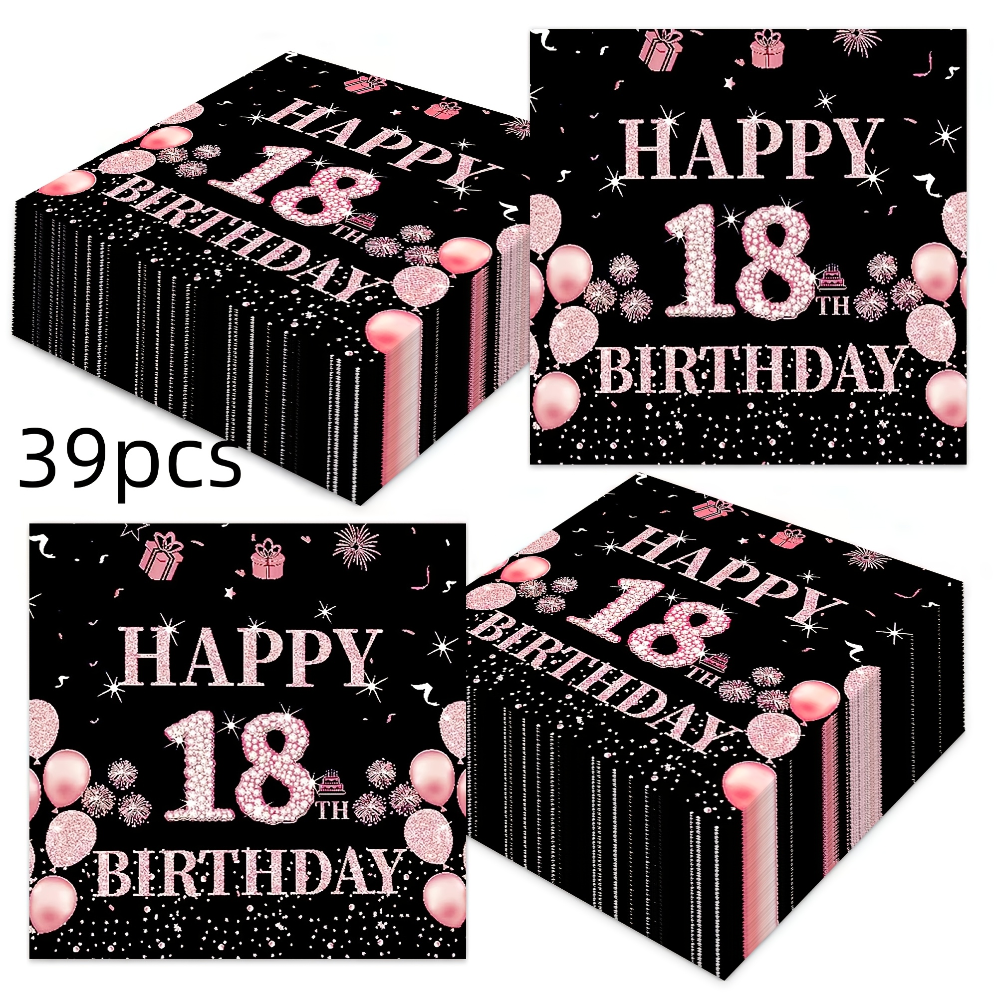 E-shop 39er-Pack Servietten passend für den 18. Geburtstag von Mädchen – Elegante Party-Dekoration in Schwarz & Roségold mit roségoldenem Geschirr für