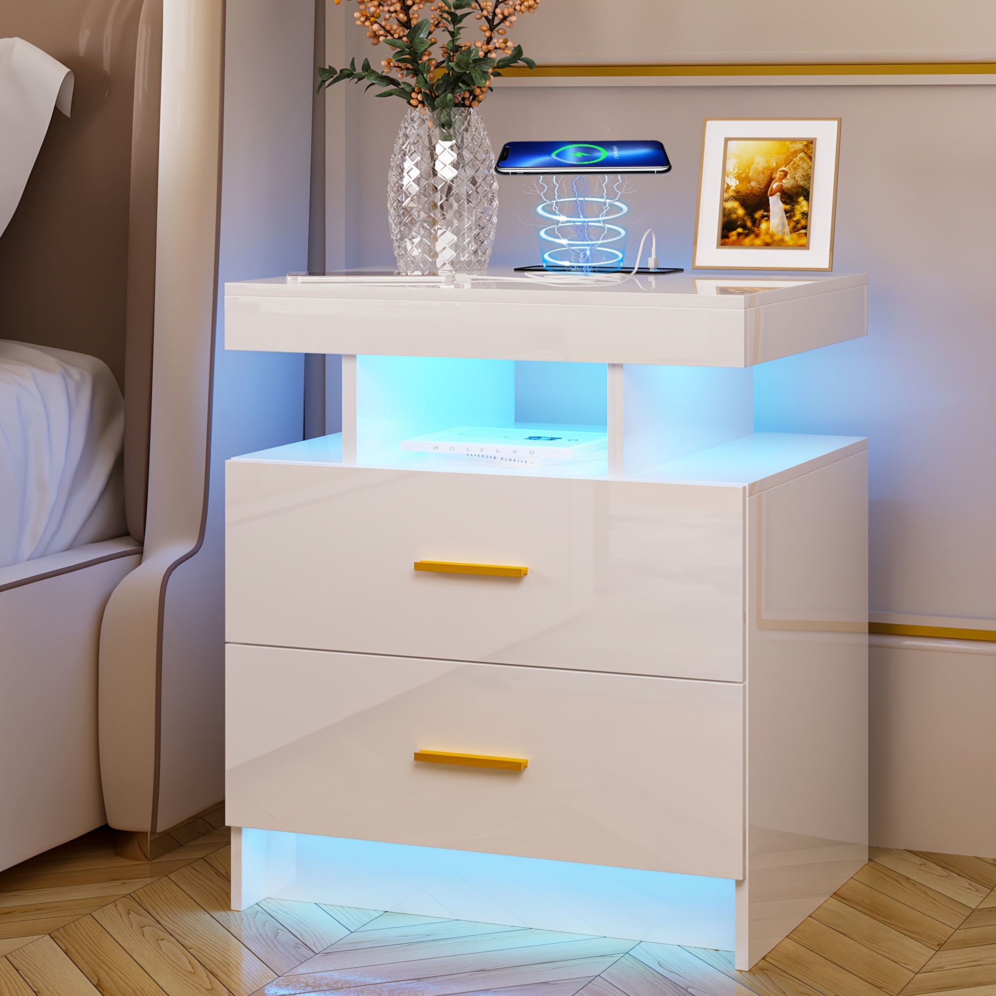 

Hnebc Auto Led Nightstand With Wireless Charging Station & Usb Ports, High Gloss Bedside Tables With 2 Drawers, Floating Nightstand With 3 Color & Adjustable Brightness Embedded Led Light Strip