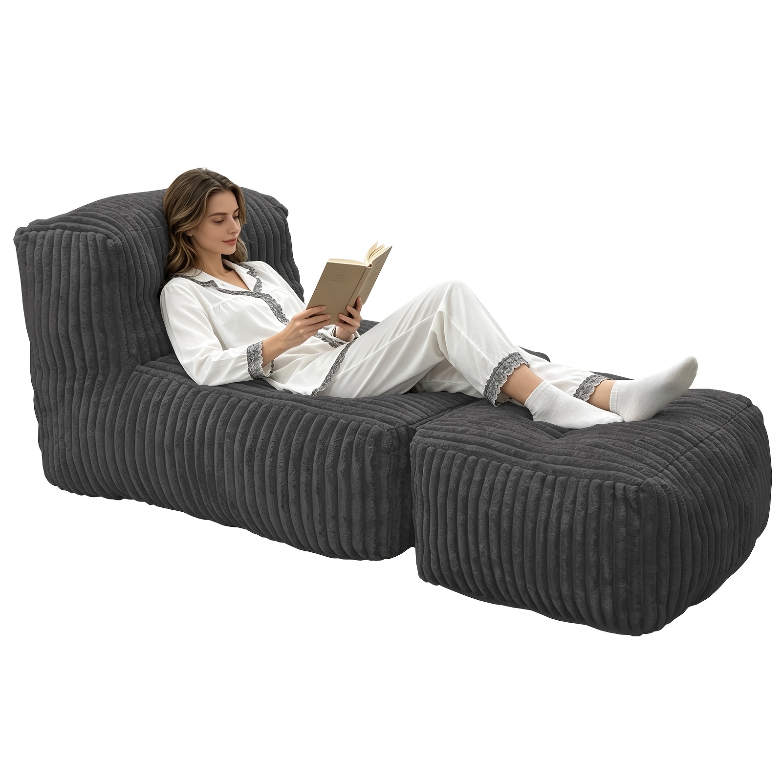 Image of Striped With Footstool, Soft Floor Leisure Recliner, Comfortable Reading Game Chair, Ergonomic Floor Sofa, Suitable For Reading, Napping And Games, No , Dark Gray/light Gray/black