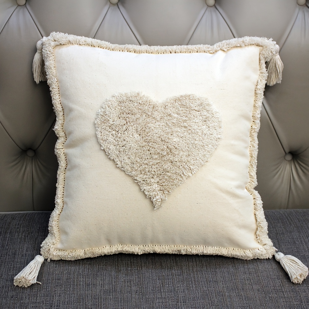Image of 1pc, Love Tufted Square Pillow Cover With Mother's Day Tassel, Home Decor For Living Room Sofa, Bohemian Style