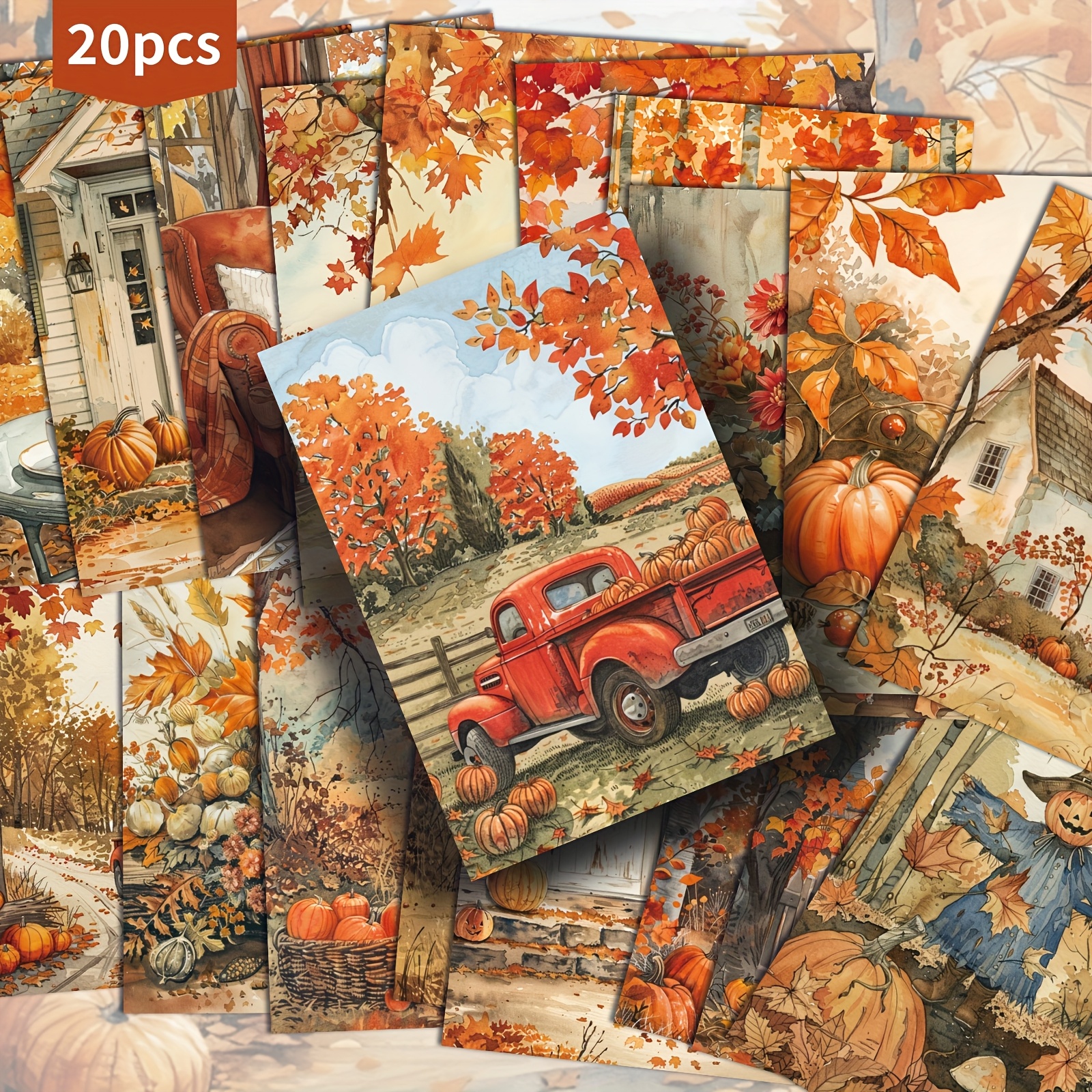 TEMU Lot de 20 cartes postales rustiques d'automne pour Thanksgiving avec citrouilles et feuilles d'érable - Papier de 4x6 pouces pour d'automne,