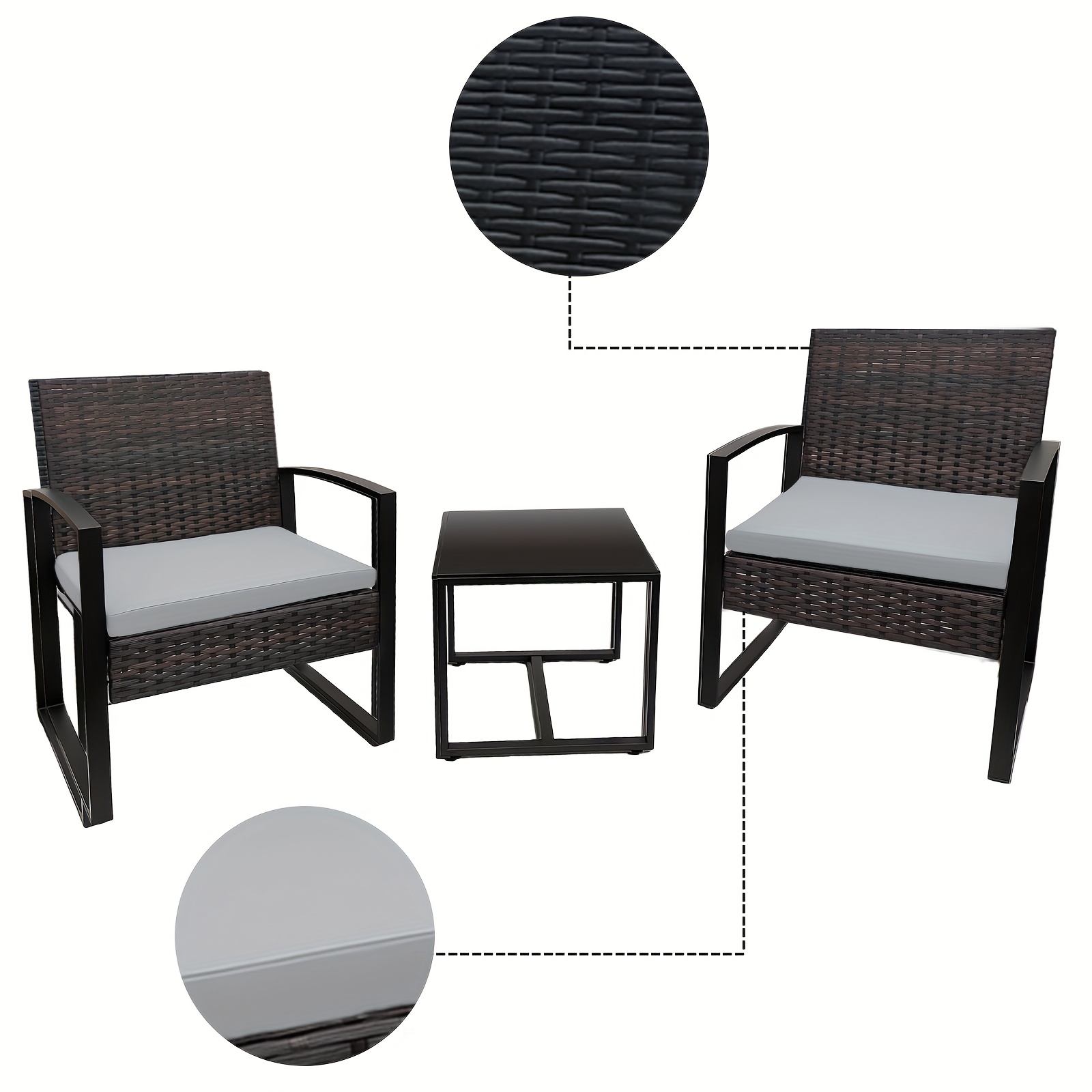 3pcs Patio Bistro Set, Wicker Outdoor Furniture Set, Modern Rattan Patio Chairs with Coffee Table, Patio Conversation Sets for Balcony, Front Porch, Garden, Poolside, Gray Cushions