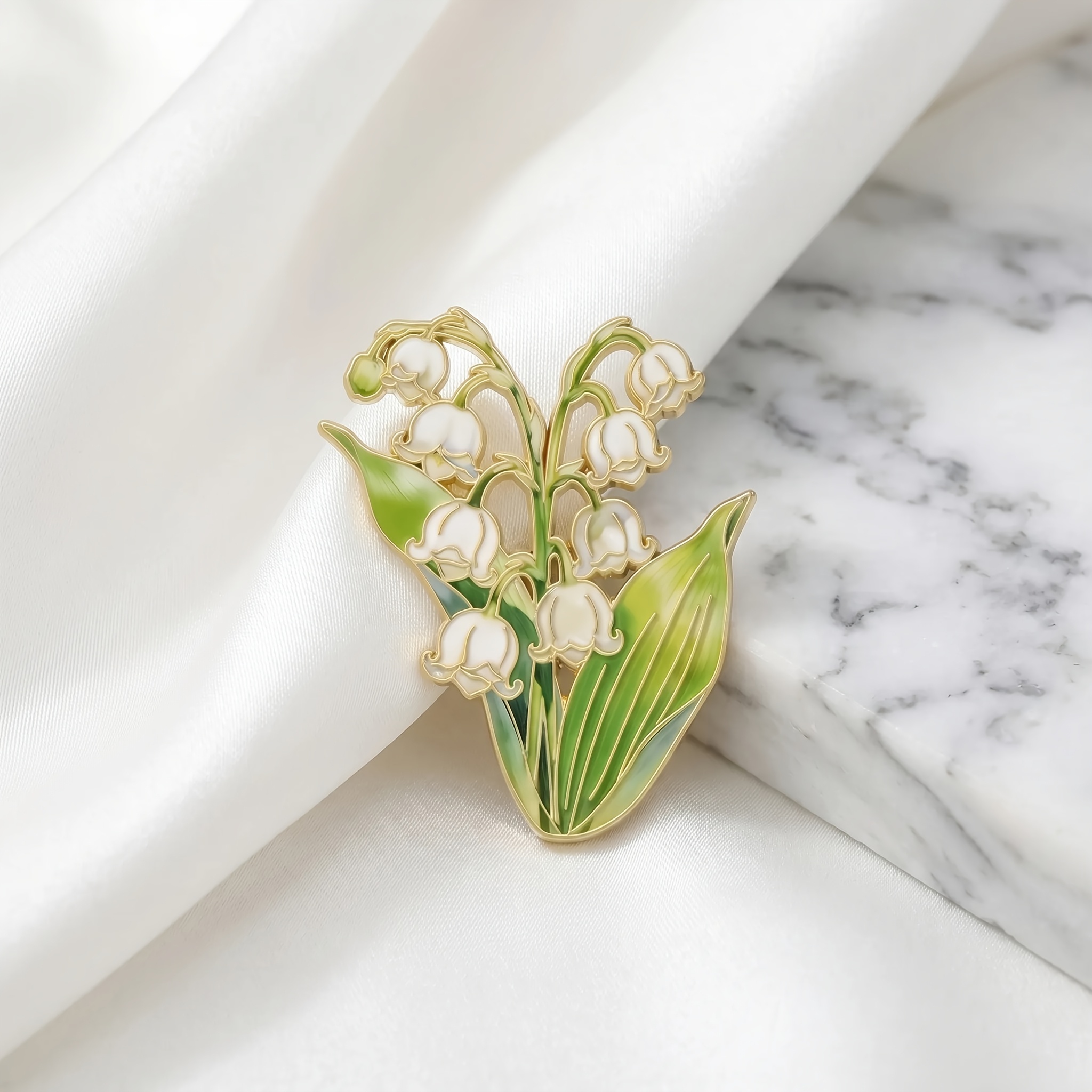 TEMU Gentle Lily Of The Valley String Flower Bouquet Enamel Brooch Milky -shaped Flower Bud Gradient -green Leaves Pin Ladies Spring/summer Shirt