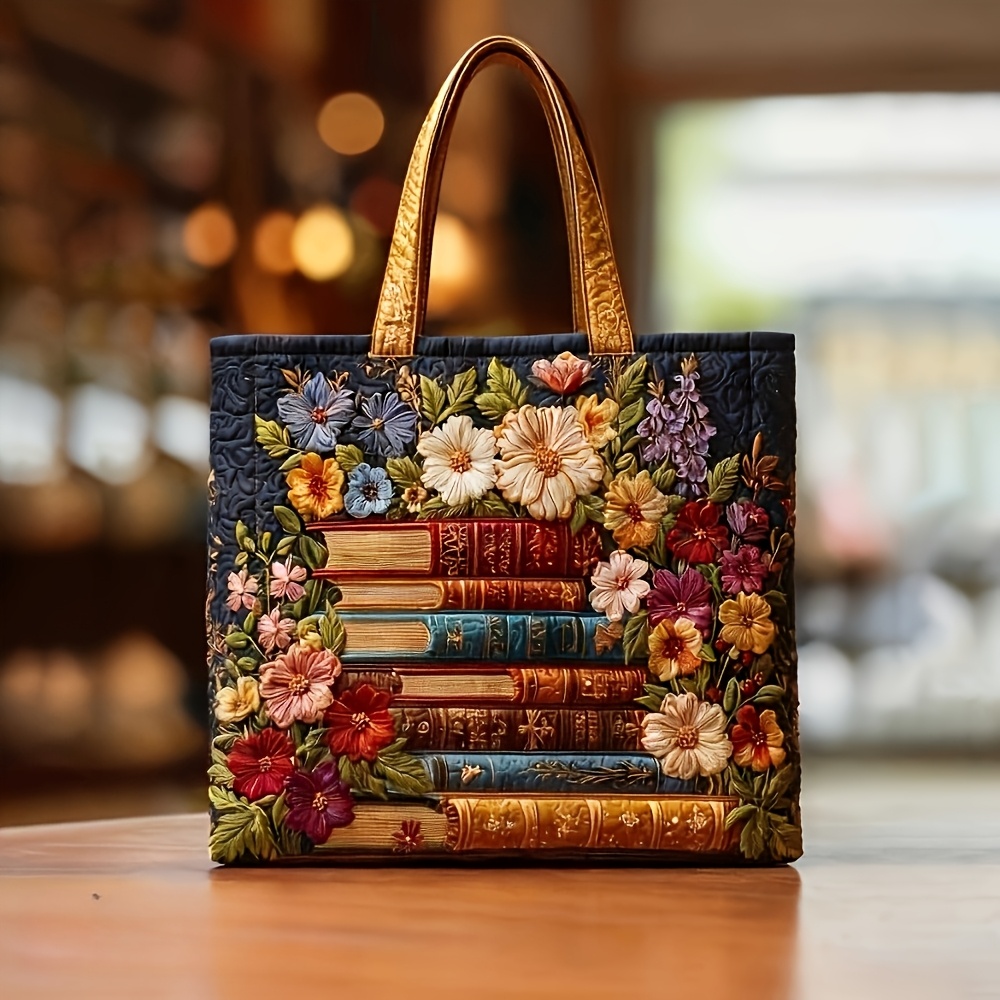TEMU Printed Lovers Tote Bag, Floral Print Quilted Shoulder Bag, Large Capacity Vintage Book Pattern Handbag, Reusable Grocery Bag For School,