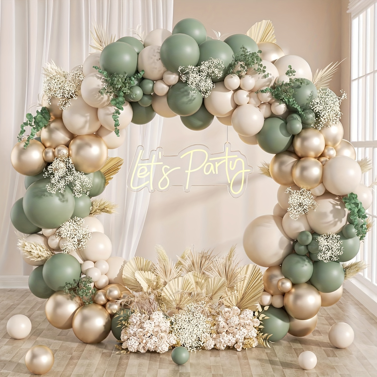 

130pcs Elegant Balloon Arch Kit - Sage Green, White & Metallic Gold Latex Balloons With Ribbon, Chain And Adhesive Points For Bridal, Engagement, Birthday Party & Baby Shower Decor, Age 14+