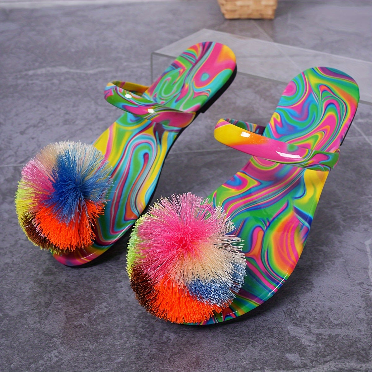 

Women's Colorful Stylish Slides, Rainbow Stripe Flat Sandals, Casual Summer Beach Slides With Soft Sole
