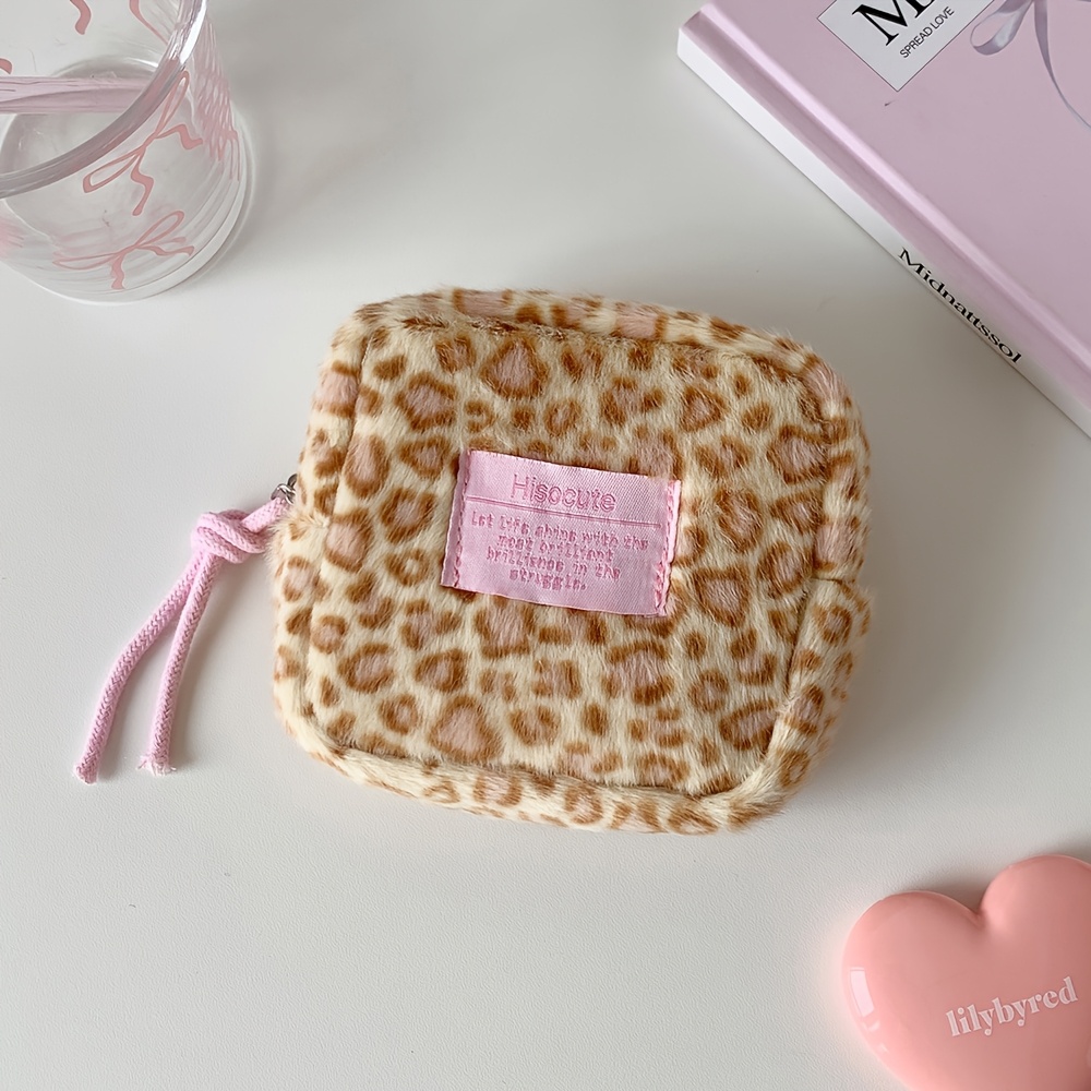 TEMU 1pc 6-color Leopard Print Plush Cosmetic Bag Winter Warm Mini Square Makeup Bag Lipstick Box Makeup Storage Bag, Multi-functional Design For