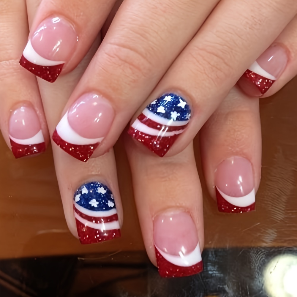 

24pcs Patriotic Press-on Nails Set - Short Square, Red & Blue Glitter Stripes With American Flag Design, Glossy Finish - Perfect For Independence Day